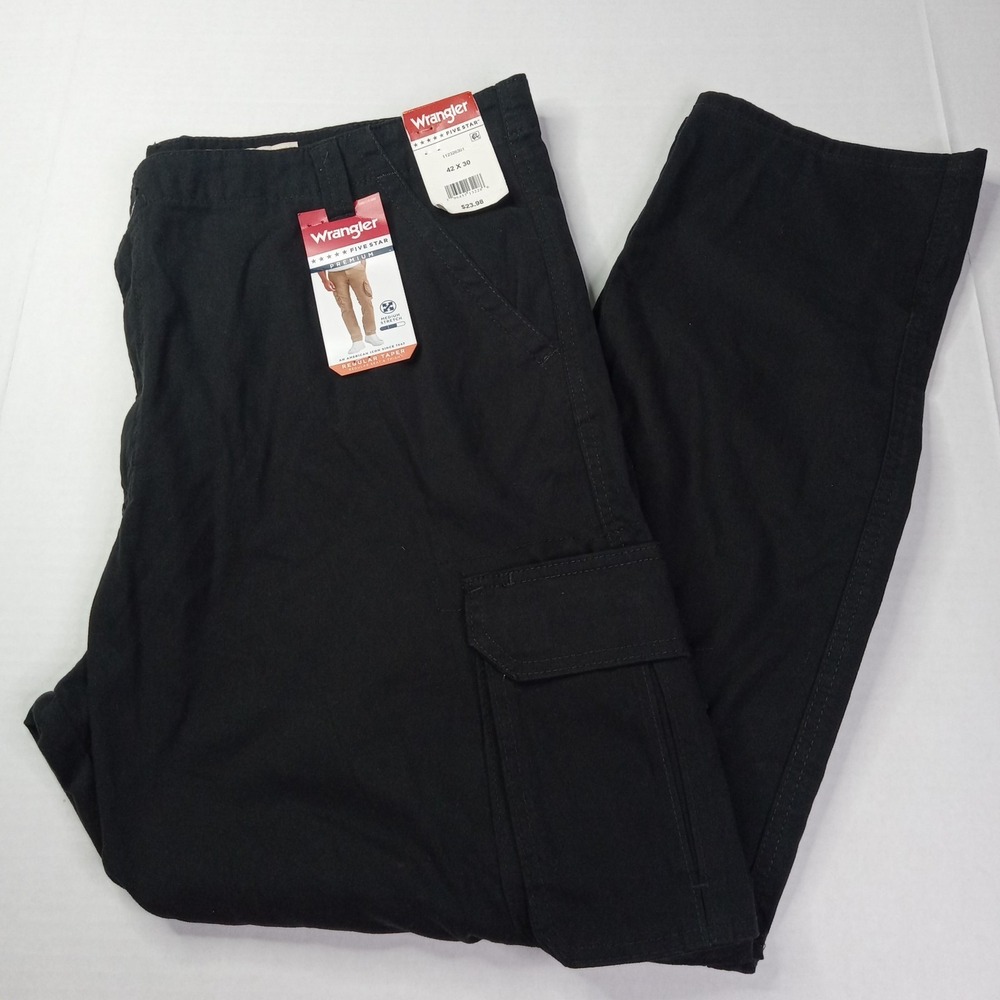 Wrangler Cargo Pants Men's 42x30 Regular Taper Black Stretch Utility Workwear